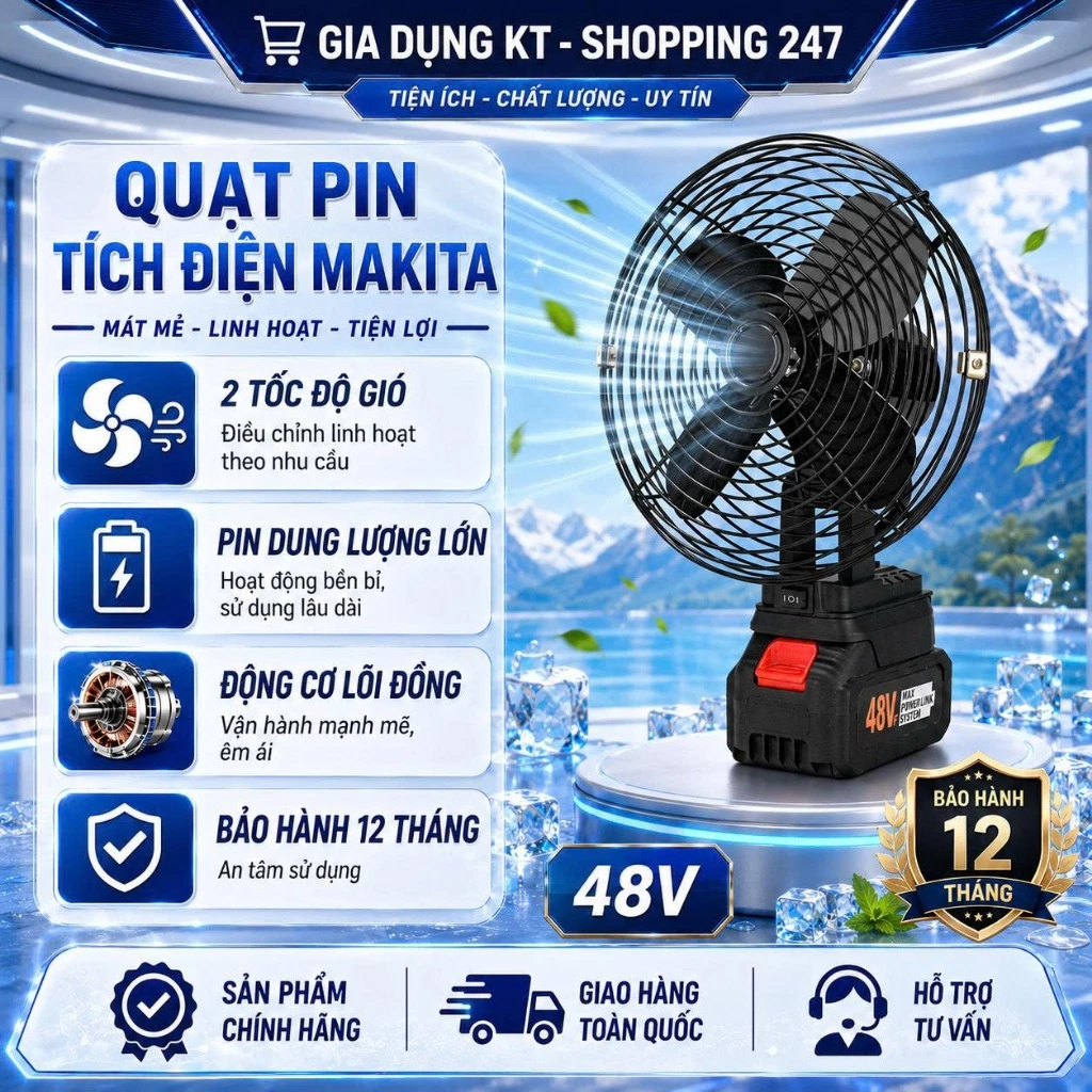 Quạt Tích Điện Mini Để Bàn Dùng Pin MAKITA 8 Inch Công Suất Lớn, Làm Mát Cực Nhanh, Hoạt Động Mạnh Mẽ. Bảo Hành 12 Tháng