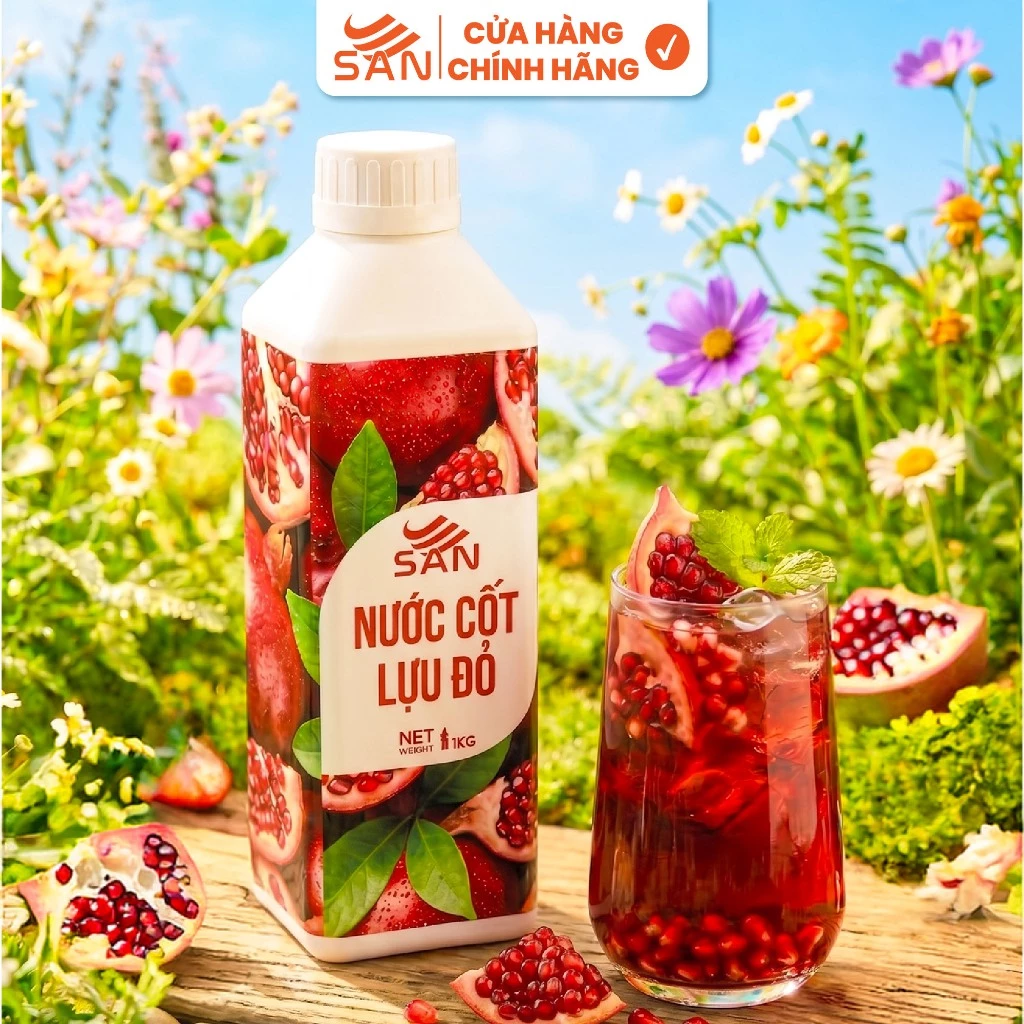 NƯỚC CỐT LỰU ĐỎ SAN Chai 1Kg, có mẫu thử 100ml, tặng công thức, hương thơm, trái cây tự nhiên