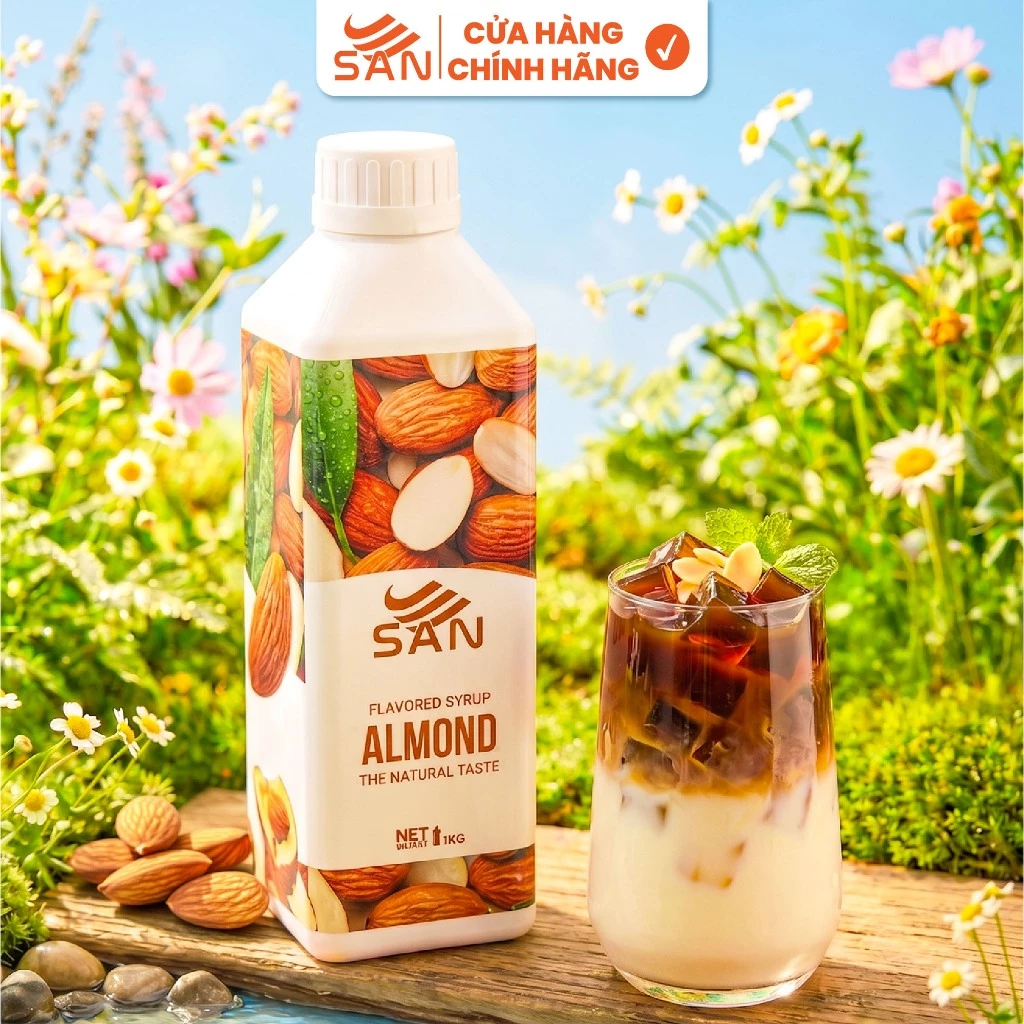 Syrup/siro Hạnh nhân (Almond) SAN, đậm đà, có chai chiết 100ml, tặng công thức, latte, trà sữa
