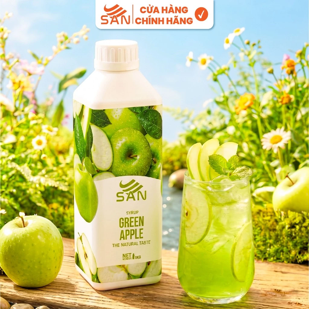 SYRUP TÁO XANH SAN Chai 1Kg, có mẫu thử 100ml, tặng công thức pha chế, hương thơm