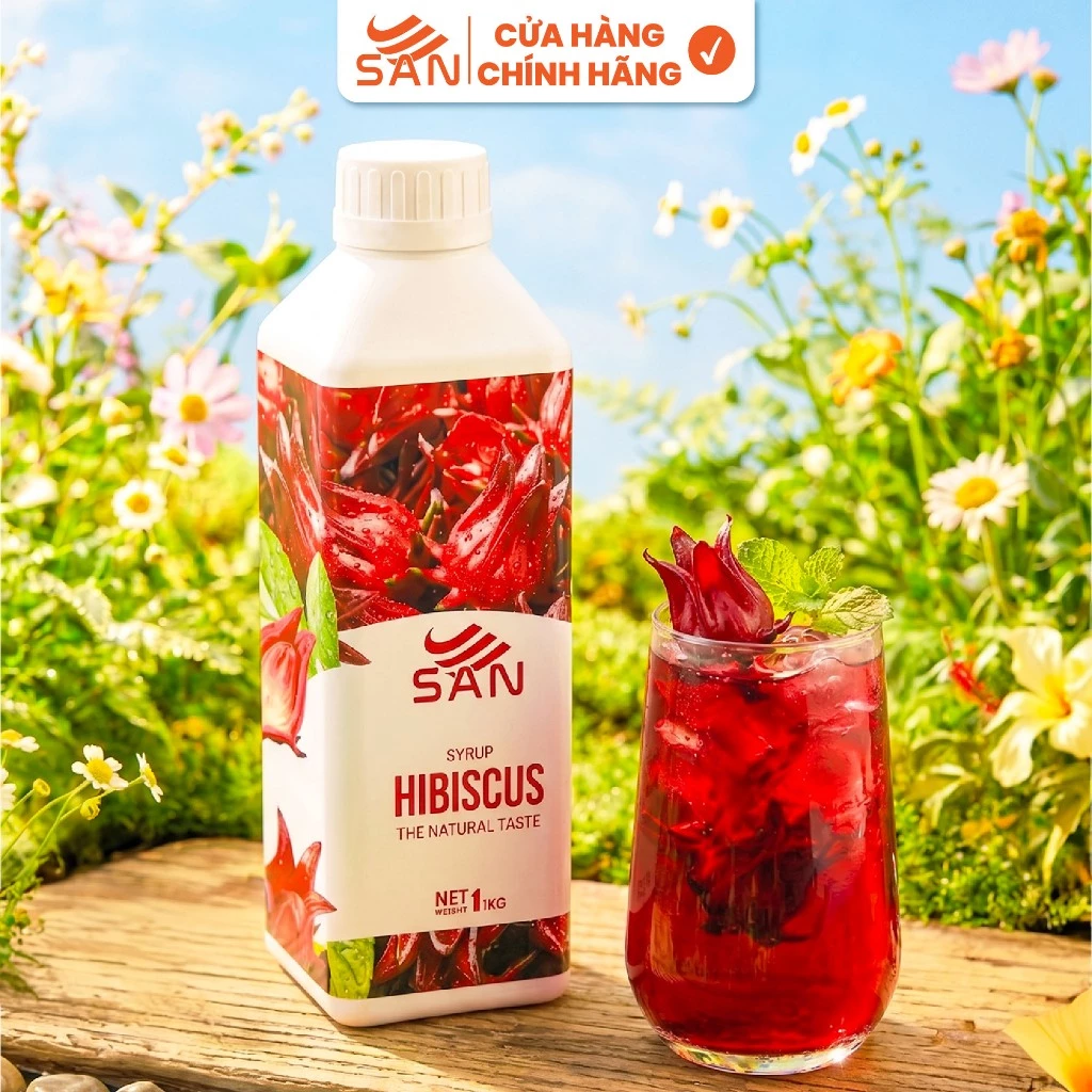 SYRUP HIBISCUS SAN Chai 1Kg, có mẫu thử 100ml, tặng công thức pha chế, hương thơm, trái cây tự nhiên