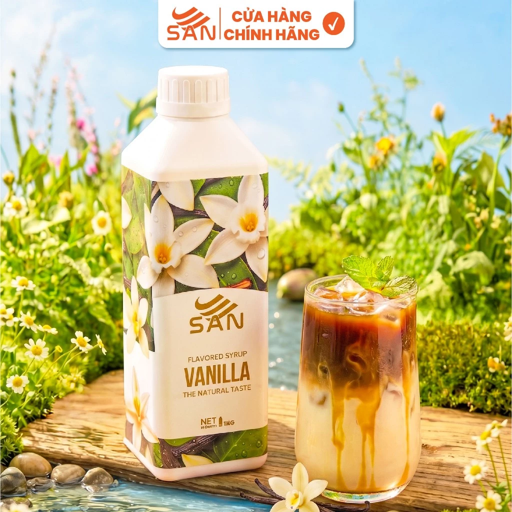 Syrup/siro Vani (Vanilla) SAN, đậm đà, có chai chiết 100ml, tặng công thức, latte, trà sữa, làm bánh