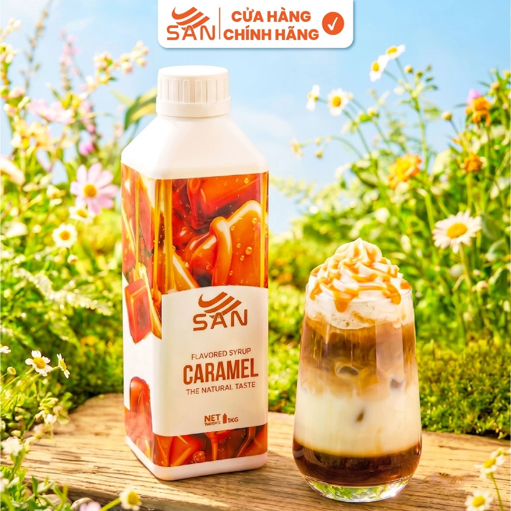 Syrup/siro Caramel SAN, đậm đà, có chai chiết 100ml, tặng công thức, latte, trà sữa, làm bánh