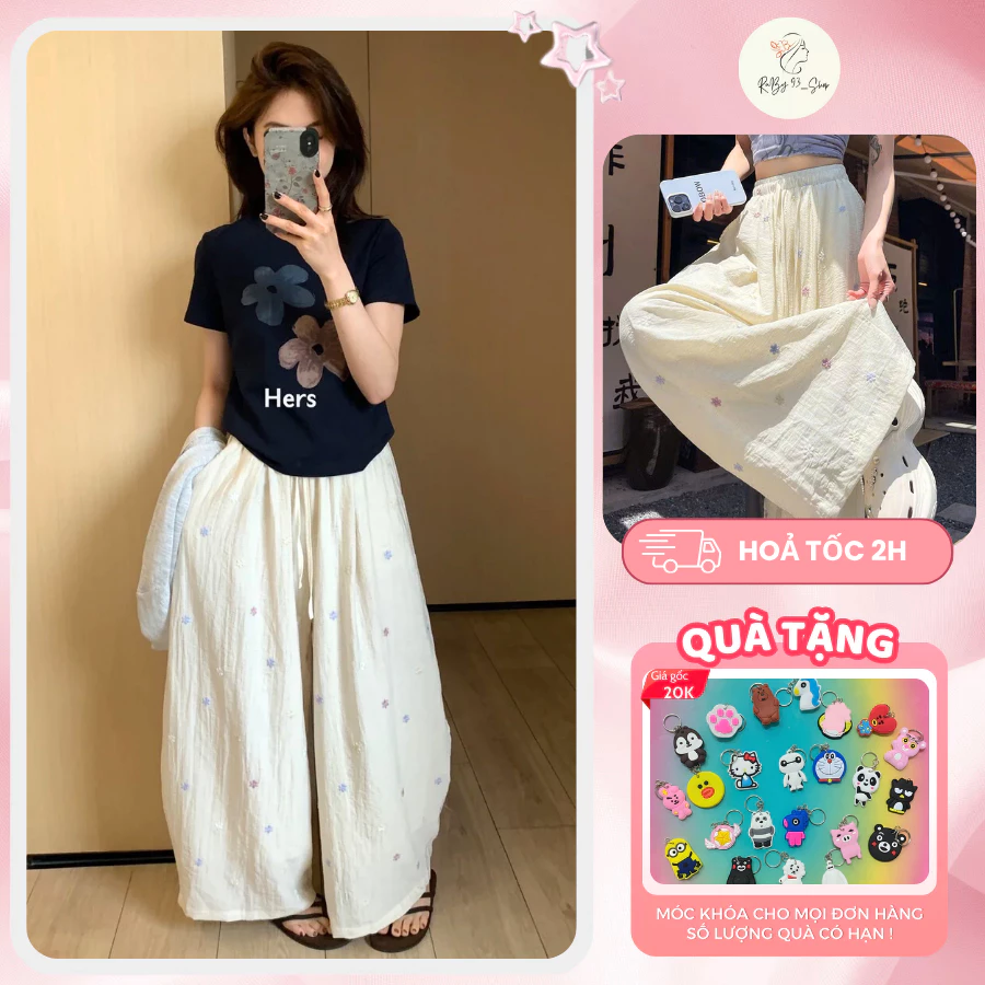 [Hàng mới về] Quần Ống Rộng Thêu Hoa Nhỏ Dáng Bí 2 Lớp Lót Lụa Phong Cách Hàn Quốc