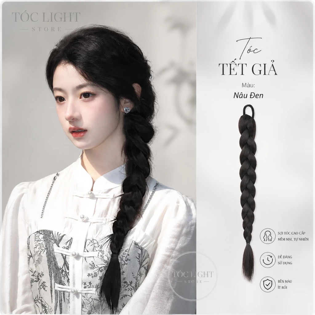Tóc Giả Tết Đuôi Sam Nữ Cao Cấp - Tóc Kẹp Giả Dài Tự Nhiên Màu Nâu Đen Phong Cách Cổ Trang - TOC LIGHT STORE