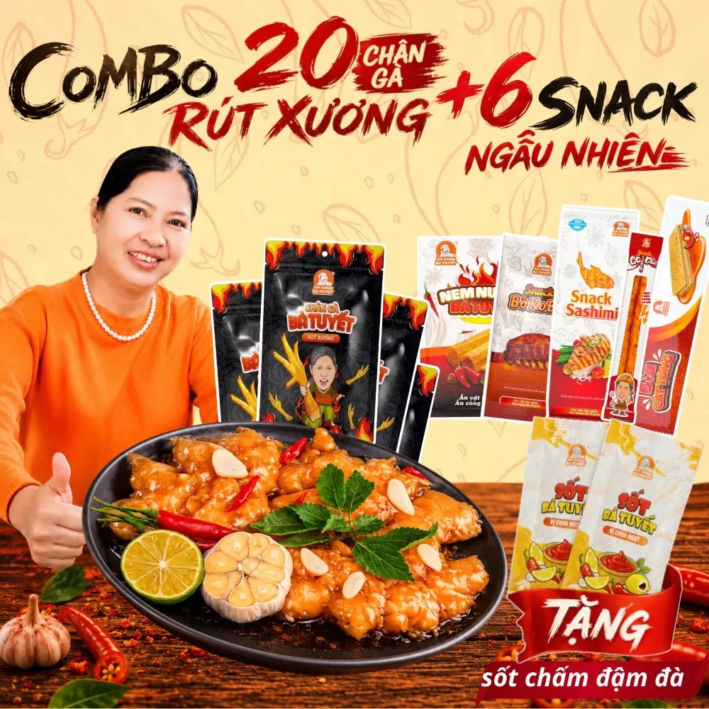 Combo 20 Chân Gà Rút Xương Tê Cay + 6 Snack Ngẫu Nhiên (Tặng Sốt chấm + 1 Bimbim Tuyết Giòn Tan) ĂN CÙNG BÀ TUYẾT