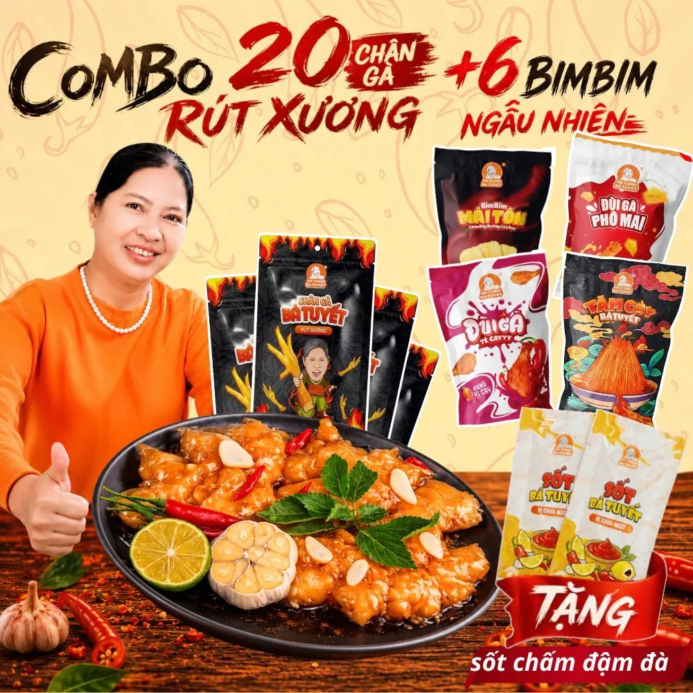 Combo 20 chân gà rút xương tê cay + 6 Gói Bimbim ngẫu nhiên (Tặng Sốt chấm + 1 Bimbim Tuyết Giòn Tan) ĂN CÙNG BÀ TUYẾT