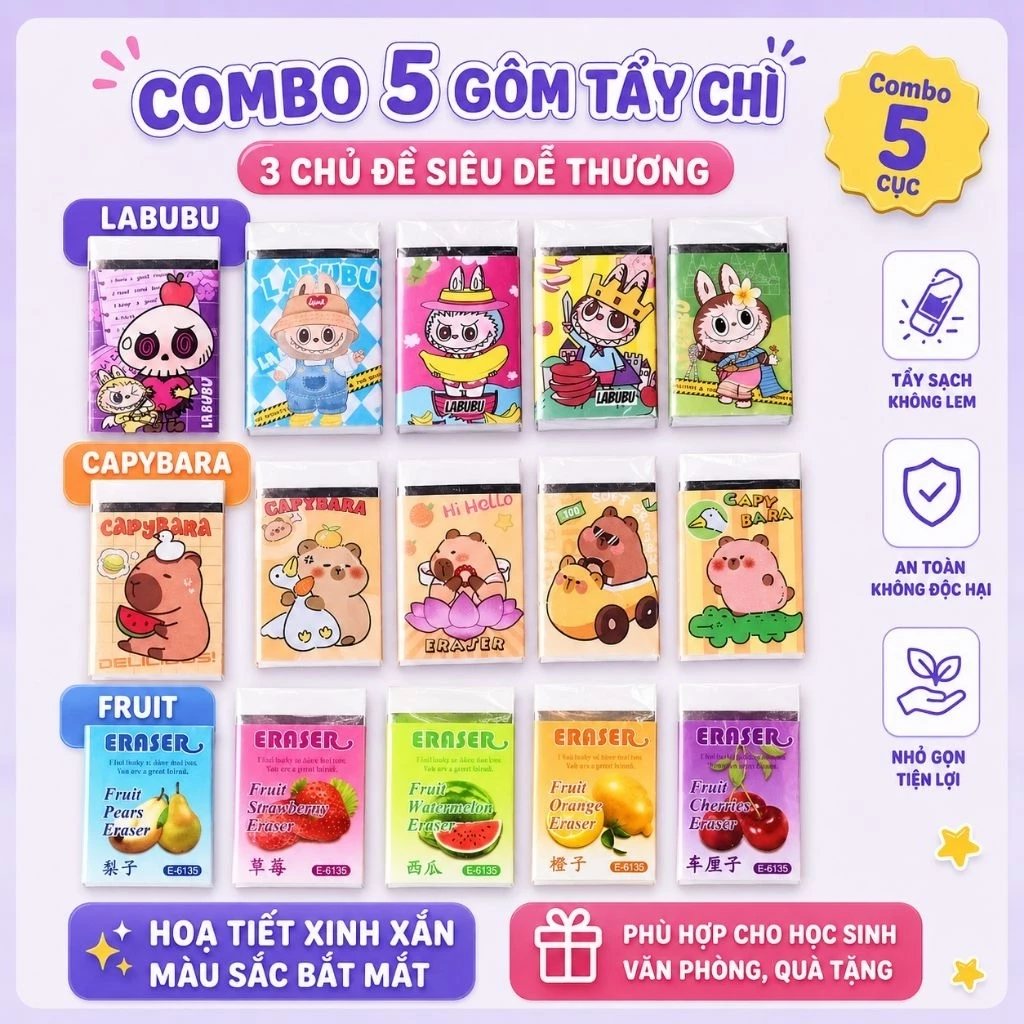 Combo💝 5 Gôm tẩy bút chì Cappy Bara & Labubu