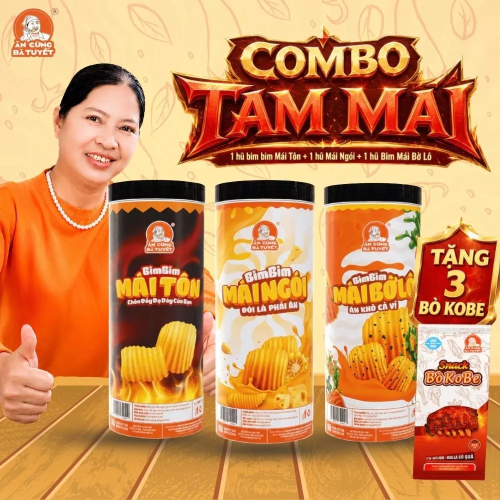 Combo TAM MÁI : 1 hũ bim bim Mái Tôn + 1 hũ Mái Ngói + 1 hũ Bim Mái Bờ Lô + Tặng 3 Bò kobe - Ăn Cùng Bà Tuyết M17