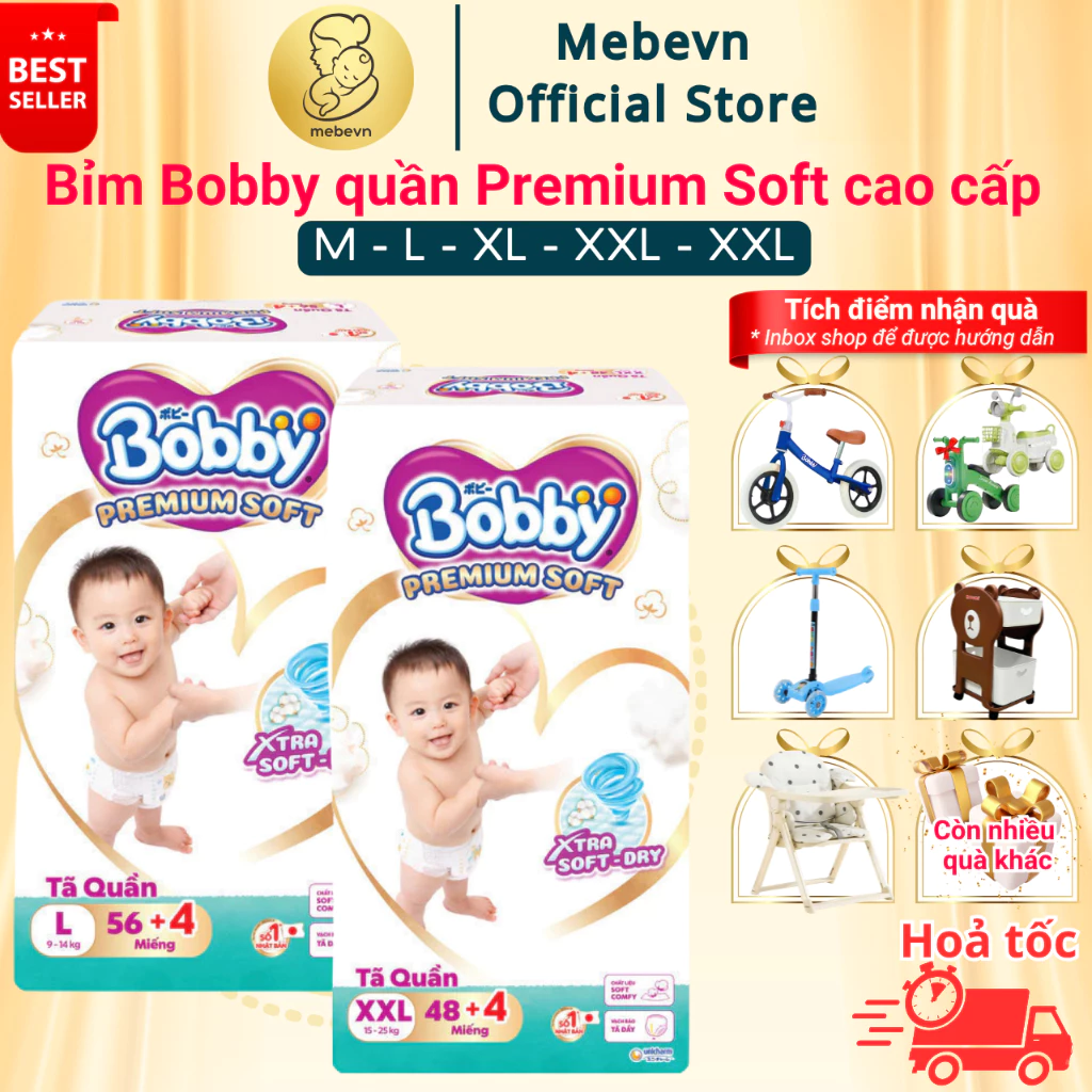 bỉm bobby quần Premium Soft cao cấp, bỉm bobby chính hãng siêu thấm hút, mềm mại an toàn cho da bé