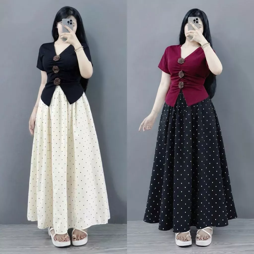 Set tiểu thư bigsize nữ áo thun tay kiểu đính hoa kèm kết hợp chân váy họa tiết chấm bi lụa mềm lưng thun-A275+CV422