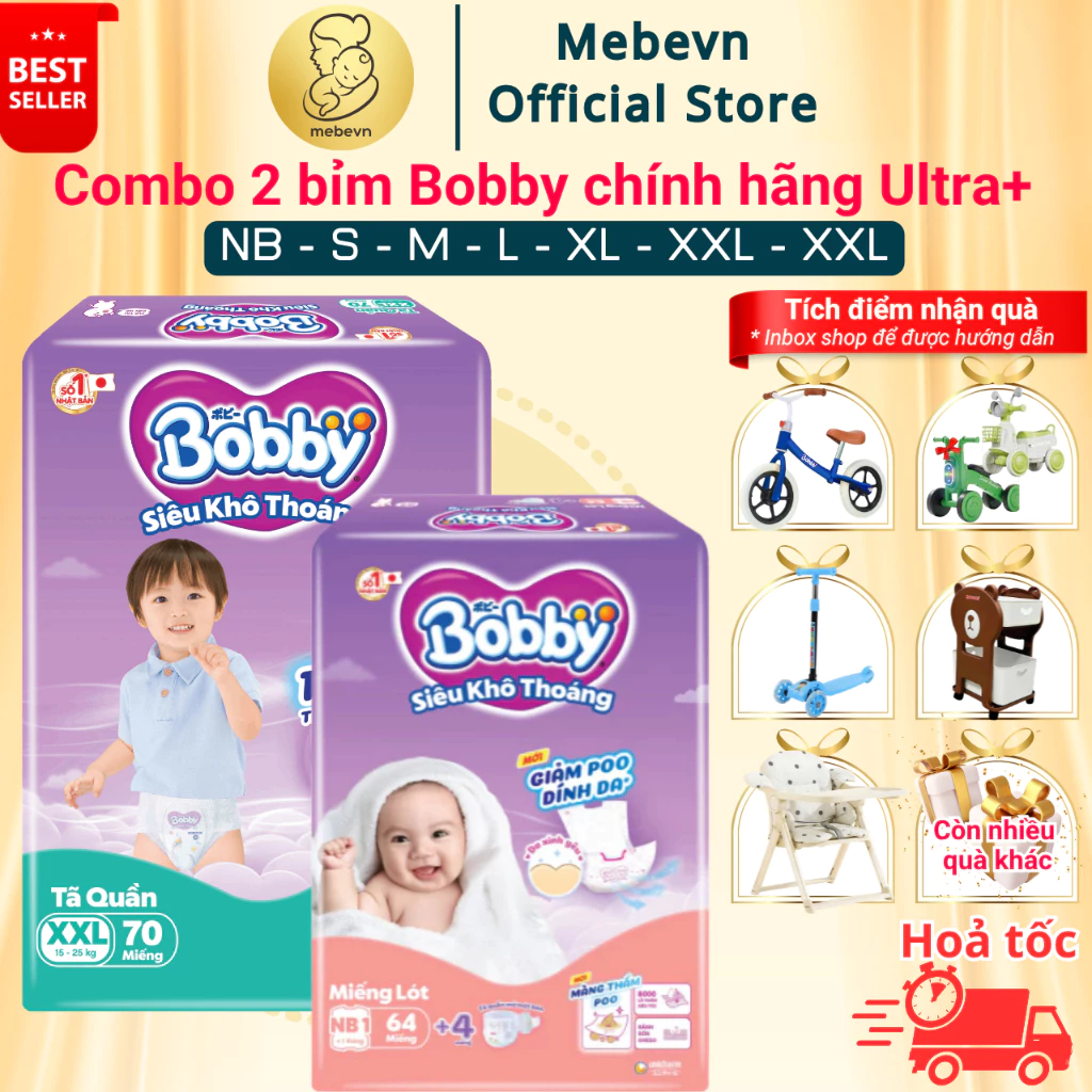 Combo 2 bỉm Bobby chính hãng Ultra+ siêu nhiều miếng, tã quần Bobby siêu khô thoáng đủ size Dán/Quần