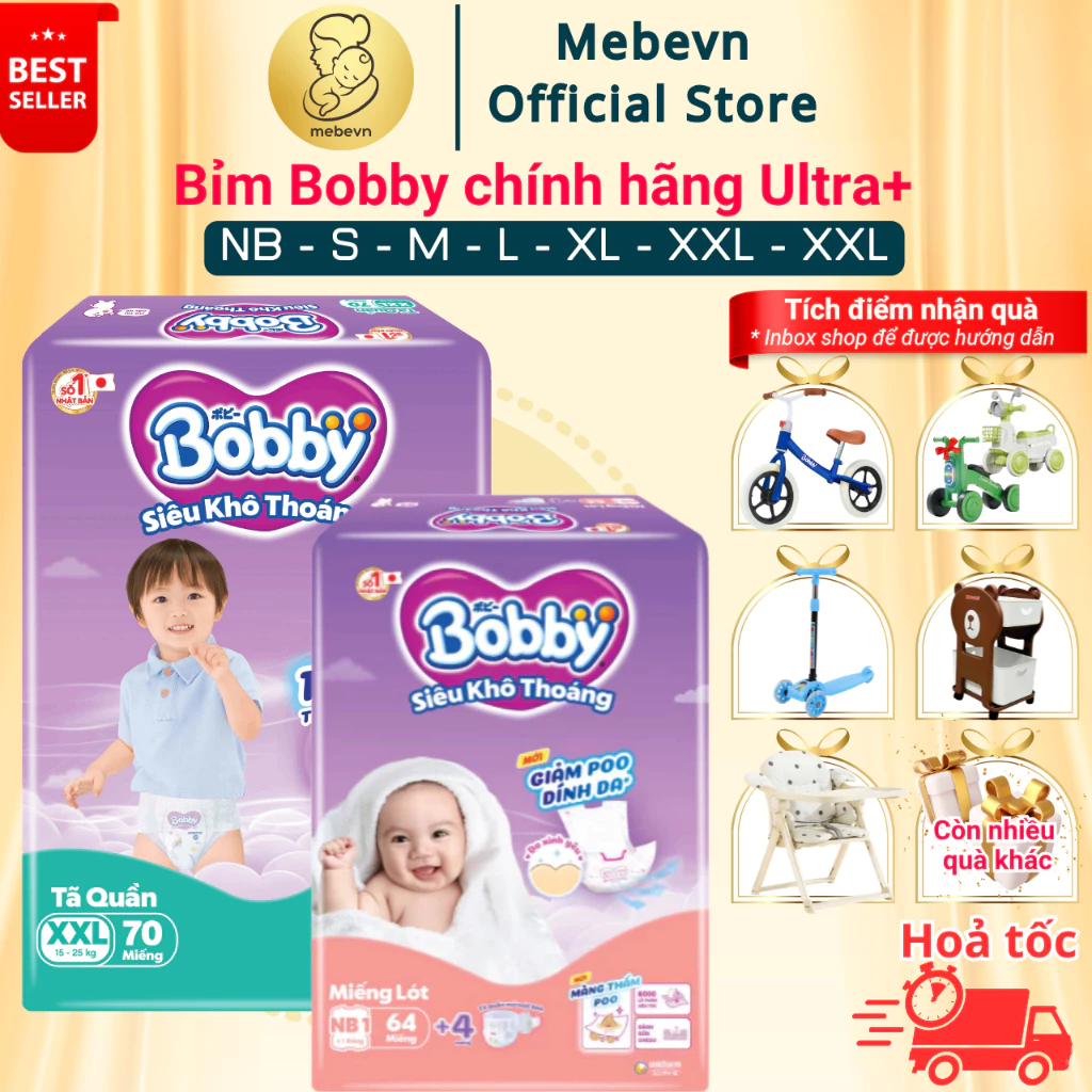 Bỉm Bobby chính hãng Ultra+ siêu nhiều miếng, tã quần Bobby siêu khô thoáng đủ size tã Dán/Quần
