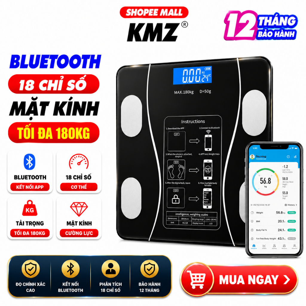 Cân điện tử Bluetooth thông minh KMZ BL998 đo thông số cơ thể INBODY - BẢO…
