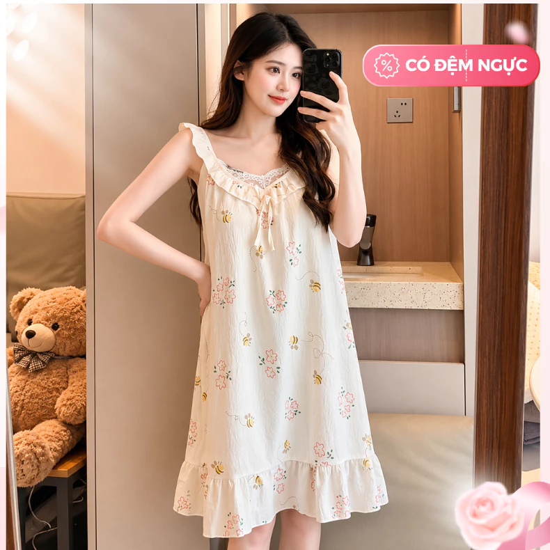 Váy ngủ 2 dây sexy có đệm ngực, đầm ngủ mặc ở nhà chất đũi mềm mại dễ thương cho mùa xuân, mùa hè
