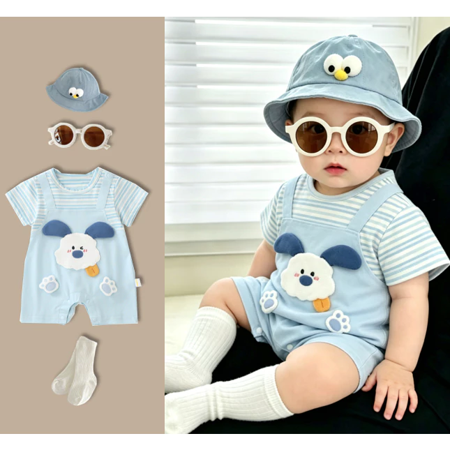 Quần áo trẻ sơ sinh Mùa hè Bông tay ngắn onesie Dễ thương Blue Dog Jumpsuit 0-24M