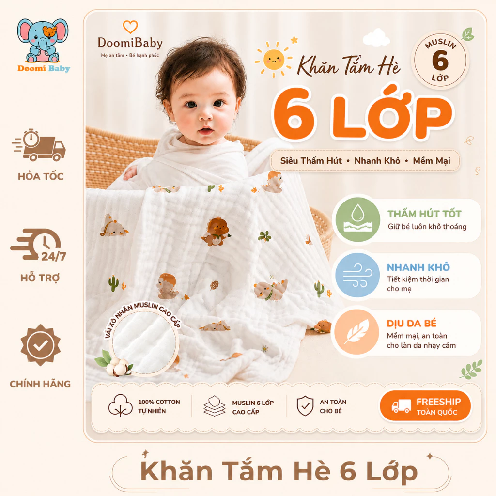 [Giá Sỉ] Khăn Tắm Hè Siêu Thấm Hút Và Nhanh Khô Vải Xô Nhăn Cho Bé Mẹ&Bé 6 Lớp Doomi Baby HT618-HT720-HT877