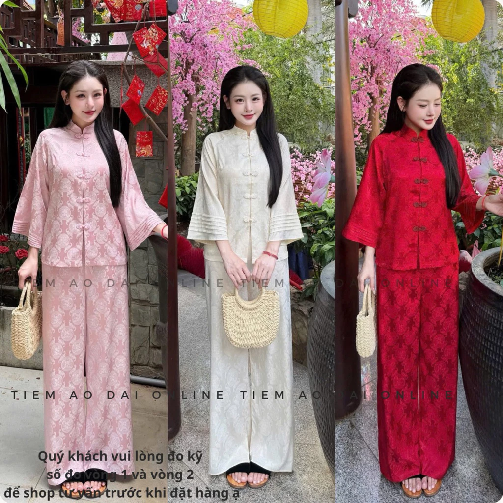 PP11    Set Pháp Phục Lam gấm Thọ Nữ Tay Dài Quần Suông Thanh Tịnh