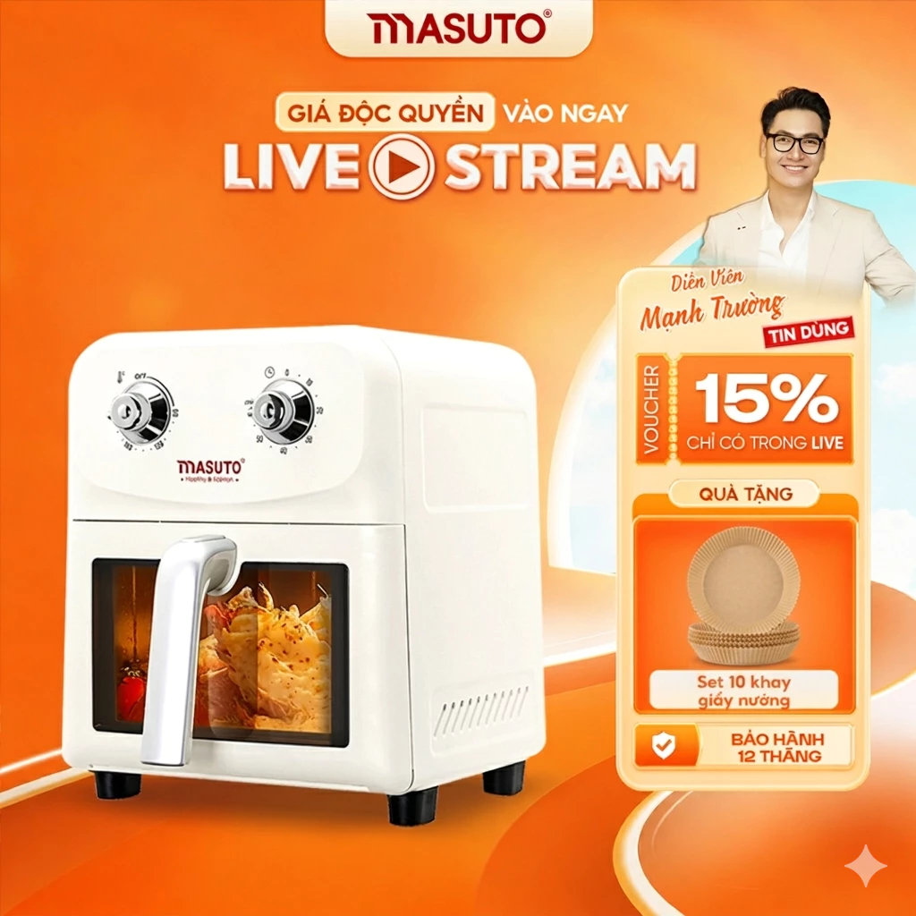 Nồi Chiên Không Dầu Masuto MSChef 6L cửa sổ kính vỏ máy kim loại 1500W Đa Năng An Toàn Live