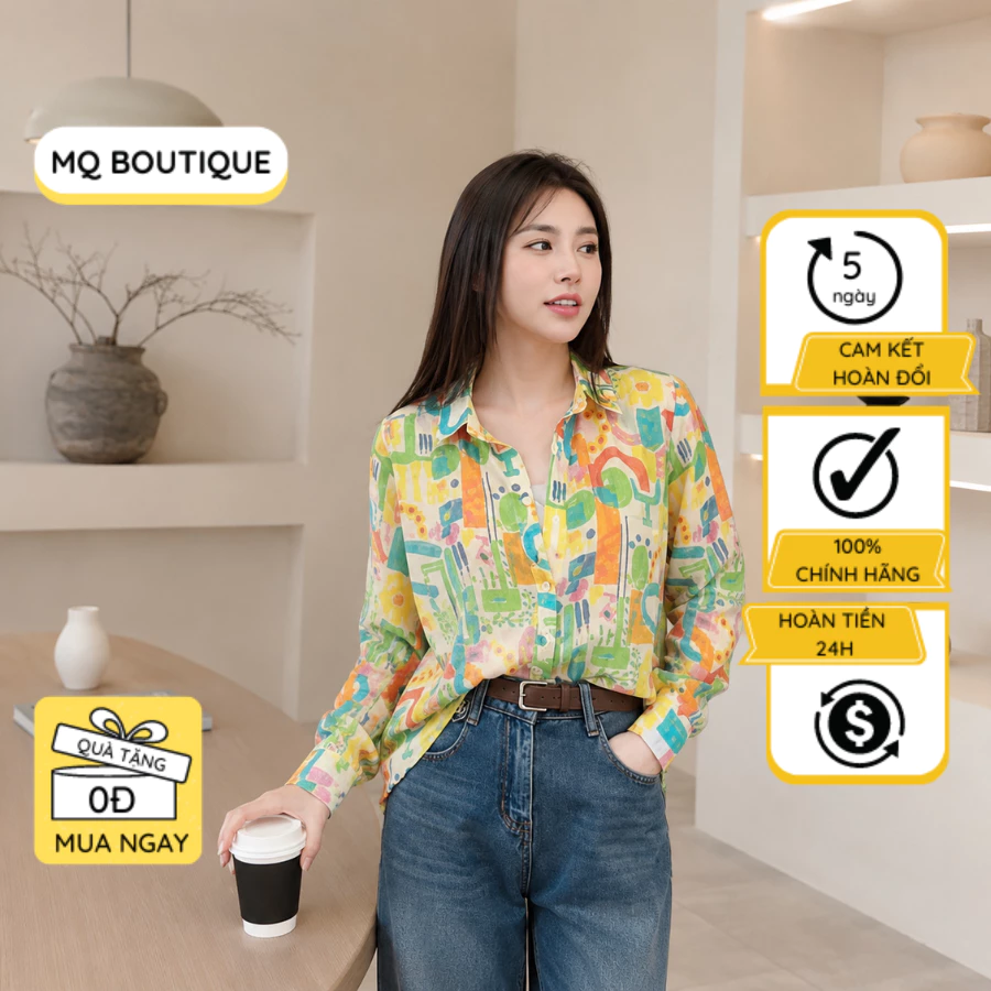 Áo Sơ Mi Tơ Boi Cao Cấp Họa Tiết Hình Nền Xanh Thiết Kế MQ Boutique Công Sở Dáng Thanh Lịch Chất Mát Mềm Nhẹ