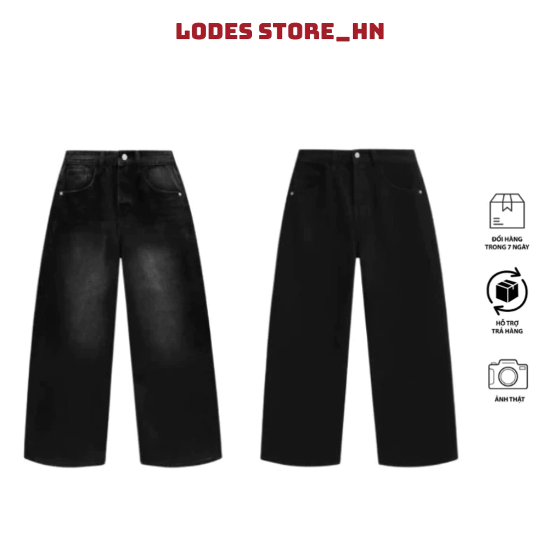 Quần Jeans Ống Suông LODES Màu Đen Wash Nam Nữ, Vải Denim Cao Cấp, Form Suông Rộng Tôn Dáng