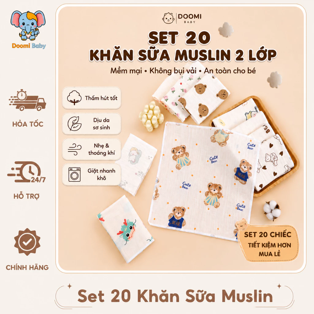 [BÁN CHẠY] Set 20 Khăn Sữa Không Bụi Vải AnToàn ChoBé Muslin 2Lớp CaoCấp Doomi Baby -HT635-HT828