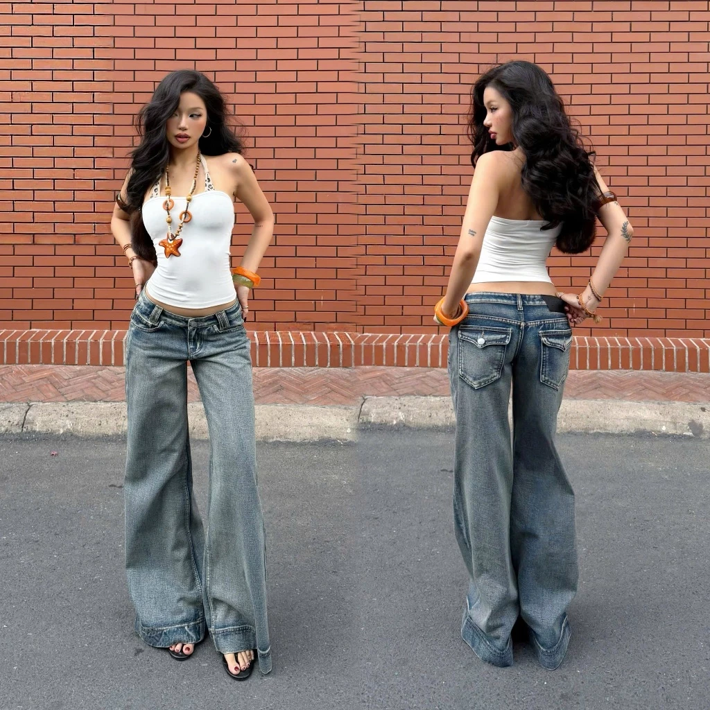 THE QUẠO - Quần Jean Nữ Lưng Cực Thấp Ống Suông Loe Phối Túi Nấp Bụi R2305_730
