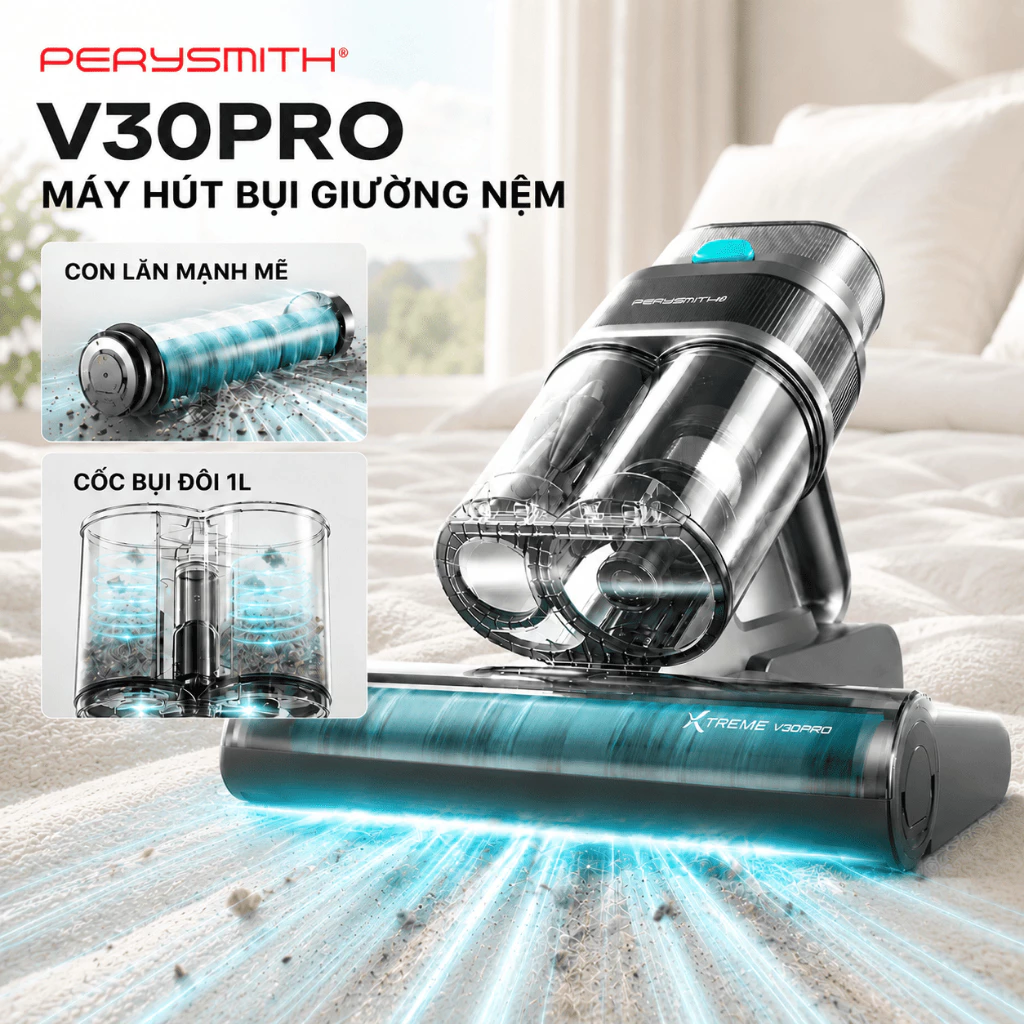 Máy Hút Bụi Giường Nệm PerySmith V30Pro Công Suất Lớn, UV Khử Khuẩn, Diệt Mạt Bụi, Lọc Hepa