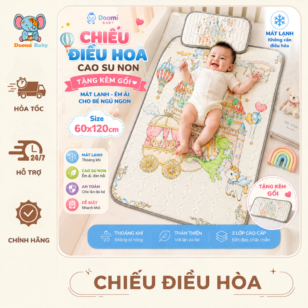 [TẶNG KÈM GỐI] Chiếu Điều Hoà Cao Su Non Êm Mát, Thoáng Khí, Nâng Đỡ Tốt Hình 5D Doomi Baby - HT516