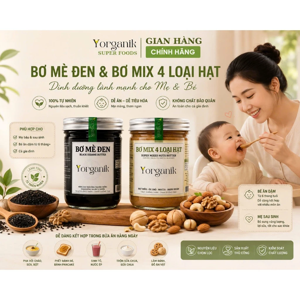 [CHO MẸ VÀ BÉ] Combo 2 Hũ Bơ Hạt YORGANIK Bơ Mè Đen Bơ Mix Hạt Không Đường Nguyên Chất