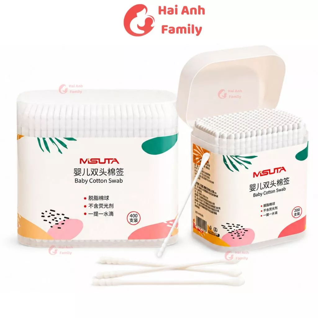 Tăm bông cho bé sơ sinh chật liệu bông tự nhiên, hộp 400 que Misuta