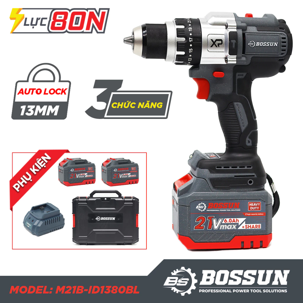 Máy khoan pin 3 chức năng BOSSUN M21B-ID1380N Lực xoắn 80Nm, Đầu Autolock 13mm, Không chổi than