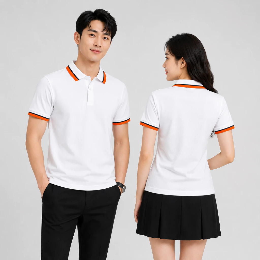 [1 áo cũng in]  Áo polo theo yêu cầu màu trắng sọc cam - size bé đến người lớn - vải cá sấu poly - Viễn Phát uniform