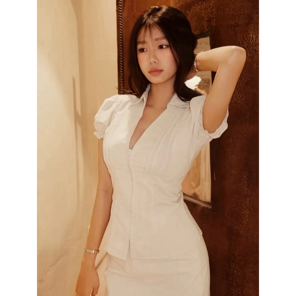 Áo Linen Nữ Kiểu Xinh Tay Phồng Phối Khóa Kéo Tiểu Thư Công Chúa Mùa Hè