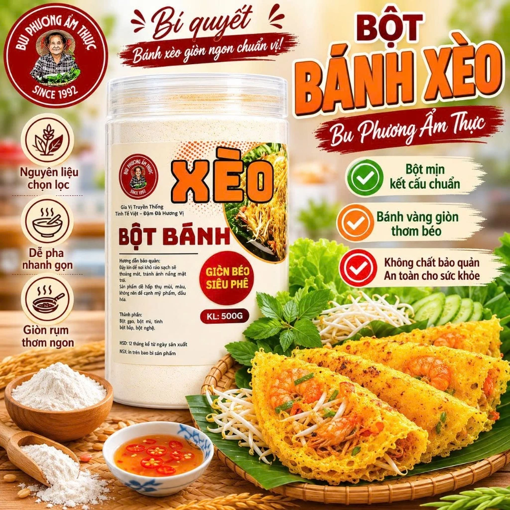 Bột Làm Bánh Xèo Hộp  500G - Thương Hiệu Bu Phương Ẩm Thực - Chuẩn Vị Truyền Thống , Hương Vị Đậm Đà