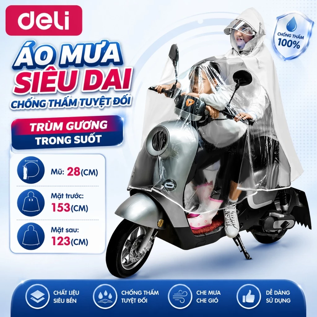 Áo Mưa Xe Máy DELI Chống Thấm Che phủ Toàn Thân Chống Bắn Bẩn Kèm Kính Chắn Mưa 2 Lớp