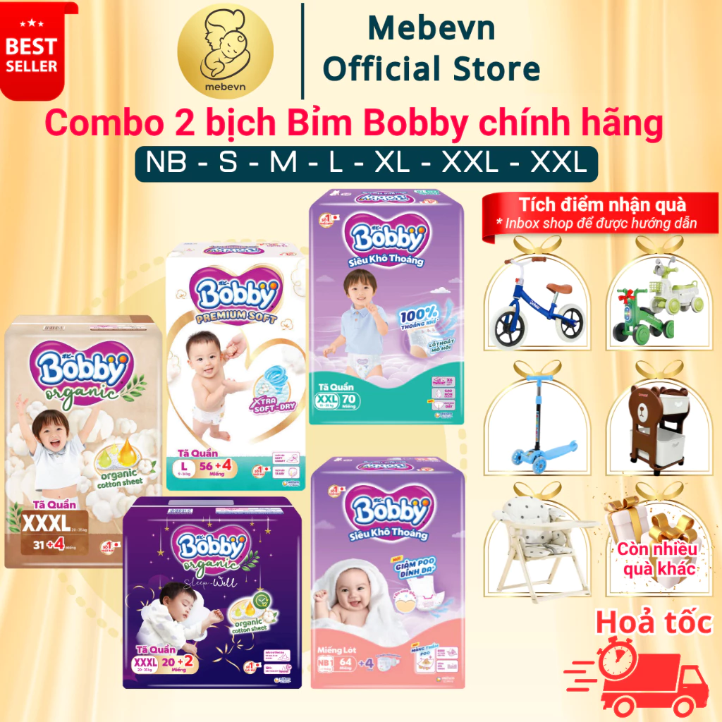[FBS] Combo 2 bịch Tã / Bỉm Bobby chính hãng Unicharm, bỉm bobby organic, siêu thấm hút cho bé