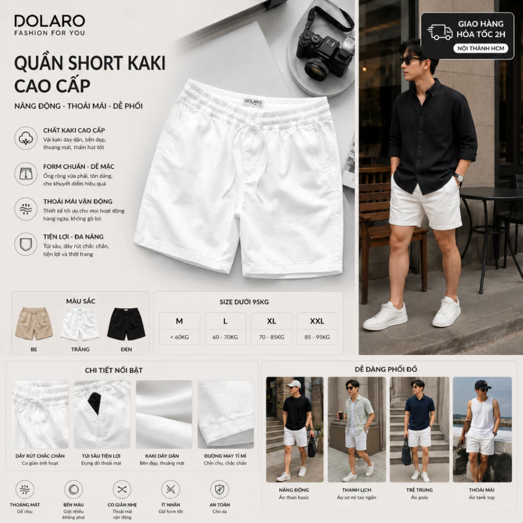 Quần Đùi Nam Trắng Kaki Lưng Thun DOLARO Cao Cấp, Quần Short Nam Ngắn Mặc Nhà Dáng Cộc Thể Thao Phong Cách Boy Phố