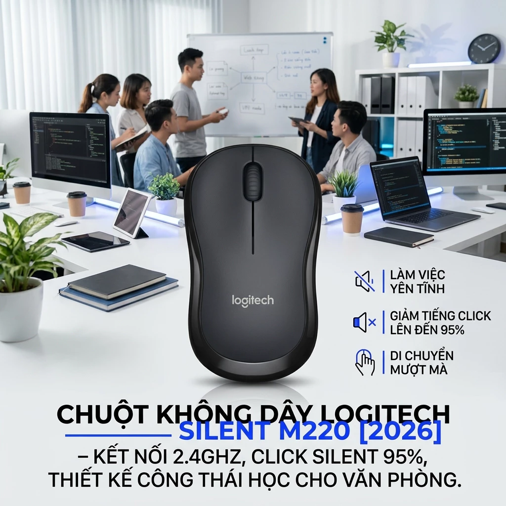 Chuột Logitech M220 Silent Không Dây 2.4GHz Click Im Lặng 95% Độ Nhạy Cao Thiết Kế Nhỏ Gọn Cho Laptop PC