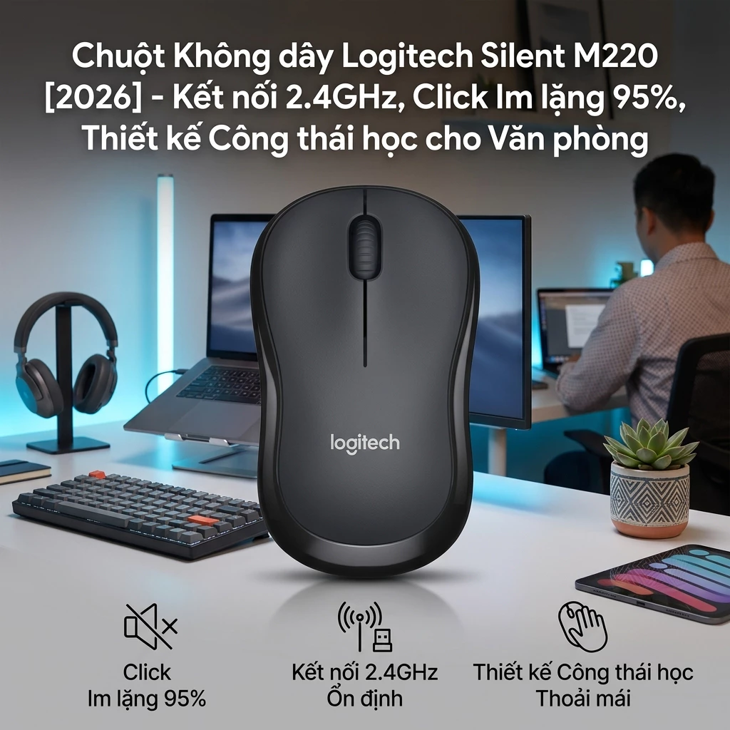 Chuột Máy Tính Không Dây Logitech M220 Silent Giảm Tiếng Ồn 95% Kết Nối USB Receiver 2.4GHz Dùng Laptop PC
