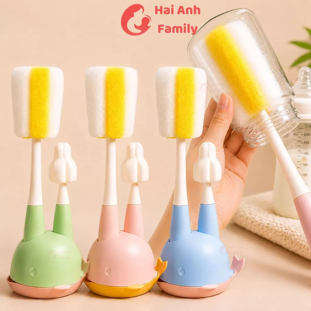 Cọ Rửa Bình Sữa Mút Xốp 2 Đầu Cho Bé Kèm Đế Phơi Cá Heo, Cọ Bình & Núm Ti Mềm Mịn