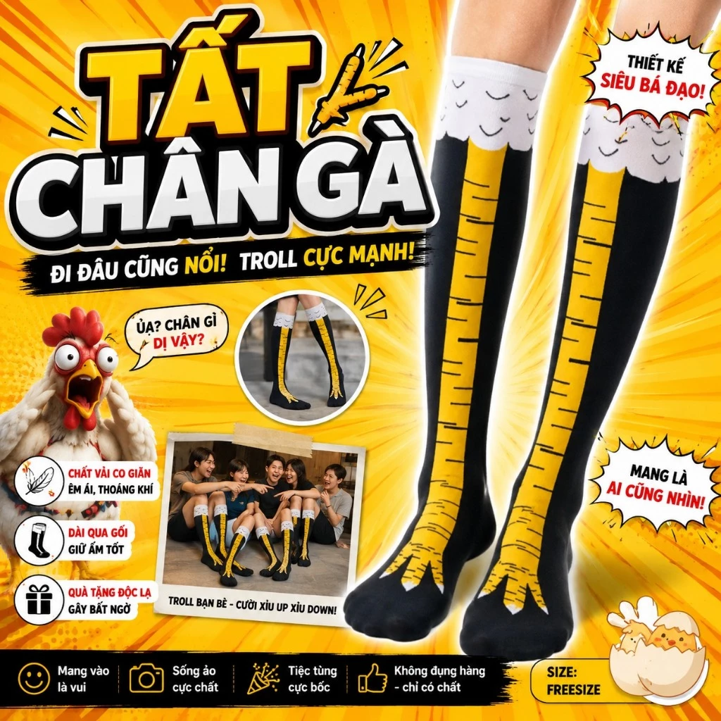 [Sale 50%]  Tất Chân Gà, Vớ Đùi Hình Chân Gà, Tất Dài In Hoạ Tiết Móng Vuốt Chân Gà Ngộ Nghĩnh, Vui Nhộn Happykids
