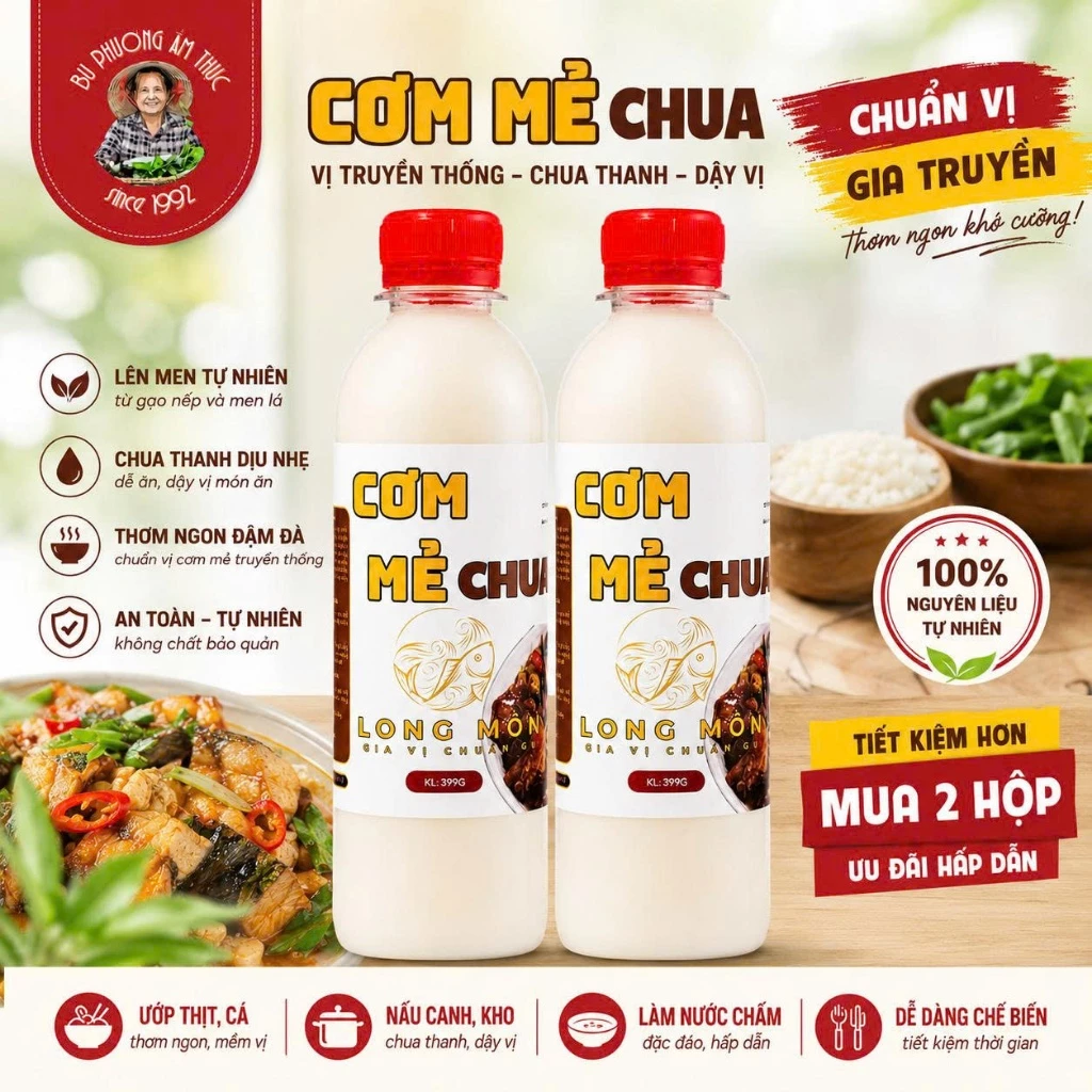 Combo 2 Chai Cơm Mẻ Chua - Long Môn 399G/1 Chai Thương Hiệu Bu Phương Ẩm Thực Gia Vị Nấu Giả Cầy