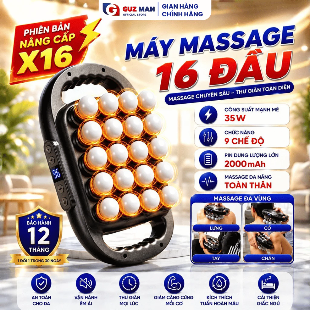 Máy Massage Cầm Tay 16 Đầu 30 Cấp Độ Massage sâu toàn thân giảm đau nhức hiệu quả Pin 2000mAh BH12T