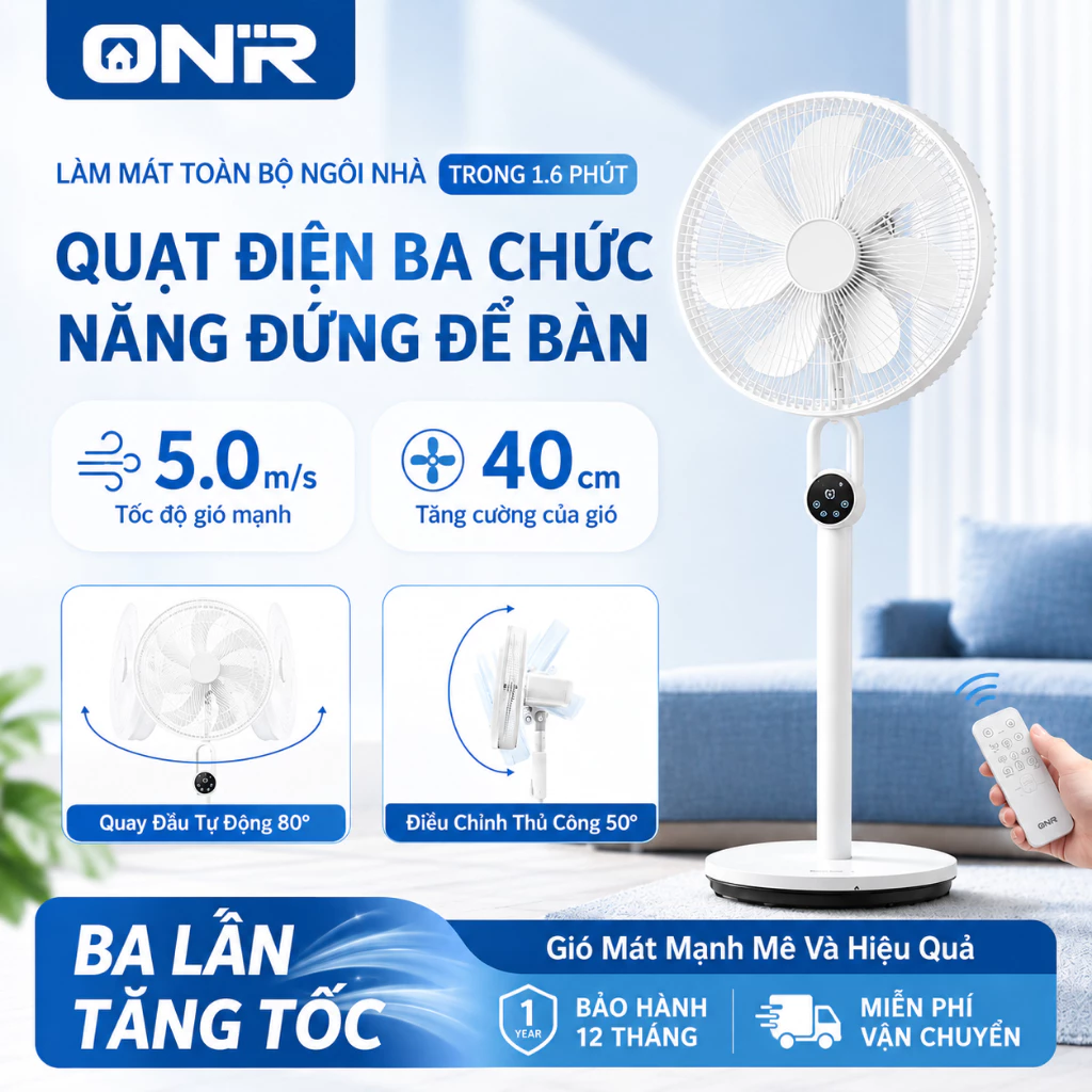 ONR-Quạt Cây Đứng Thân Quạt Máy Cảm Ứng, Điều Khiển Từ Xa, Hẹn Giờ 8 Tiếng, Thu Dài Ngắn