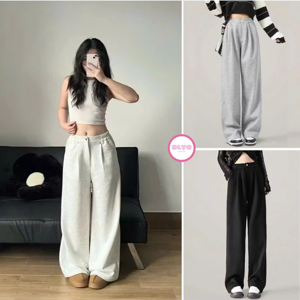 Quần nỉ ống rộng 1 khuy dày dặn - Quần suông nỉ lưng cao unisex cạp chun kiểu hàn quốc