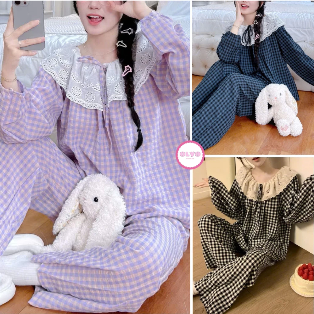 Set đồ ngủ nữ mặc nhà trễ vai kẻ caro - Set đồ bộ nữ màu trơn pastel B12