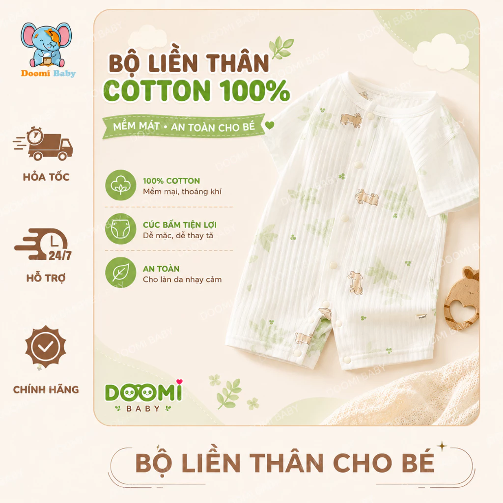 [Mẫu Mới 2026] Bộ Liền Thân 100% Cotton Cho Bé Họa Tiết Dễ Thương - Doomi Baby - HT835