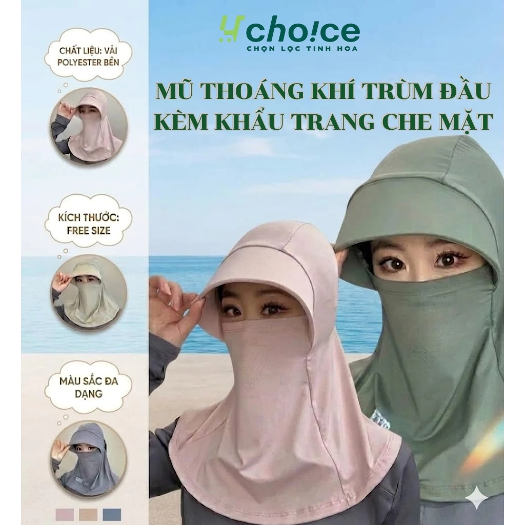 Mũ chống nắng trùm đầu tích hợp mặt nạ khẩu trang lụa băng lạnh che cổ có lỗ thoáng khí chống tia UV phù hợp cả Nam Nữ