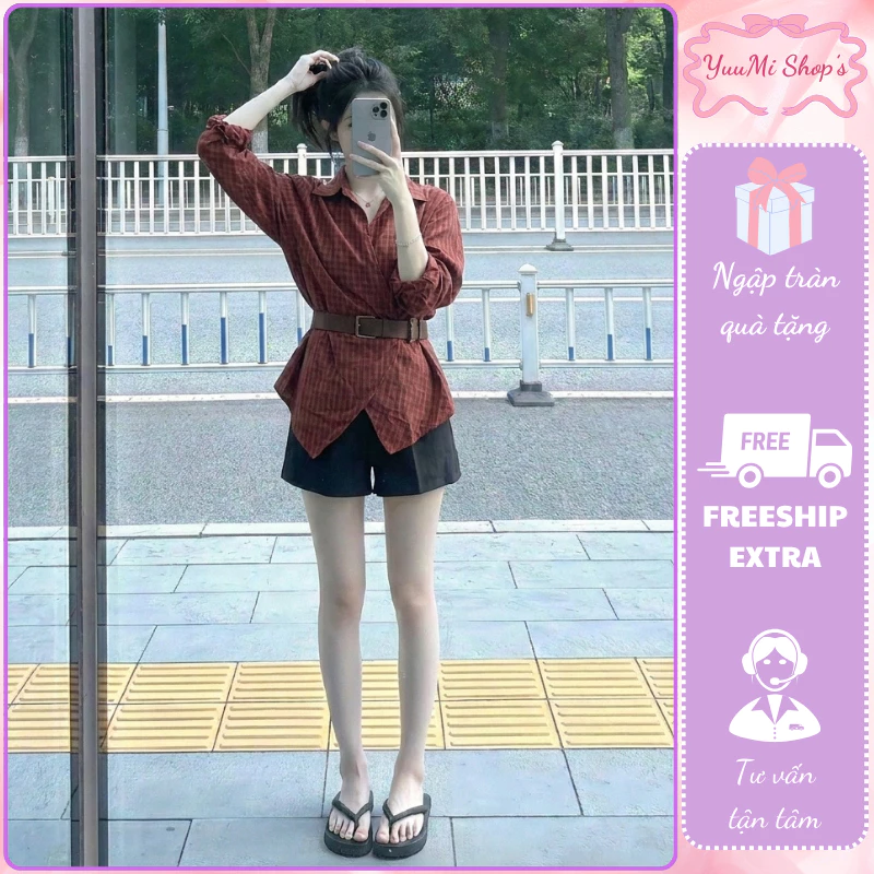 Áo sơ mi kiểu tay dài họa tiết kẻ sọc caro kèm thắt lưng da vạt đắp chéo giấu bụng HCOM27211